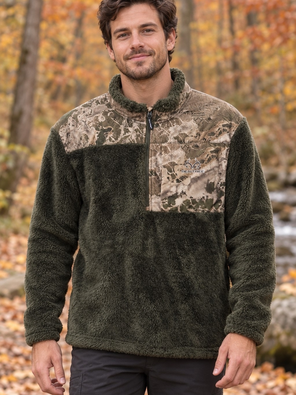 Realtree Fleece Pullover L Olive Camo Sherpa 1/4 Zip Hunting Gorpcore Outdoors